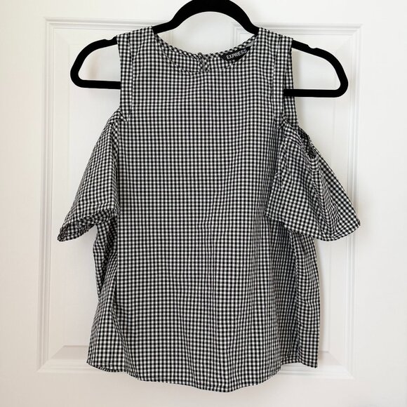 Women Express Cold ShoulderGingham Key Hole Back Top Blouse Black White Small - Picture 1 of 8
